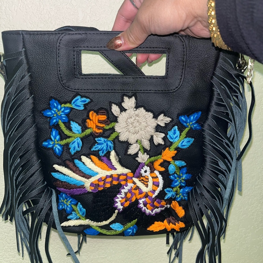 Raj LA Crossbody Embroidered Floral Bird Leather Bag with Fringe New